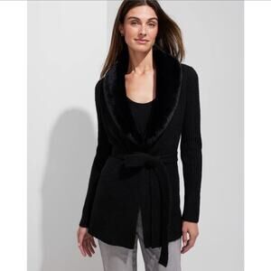 WHBM Fur Trim Tie Waist Cardigan Sweater Size Large